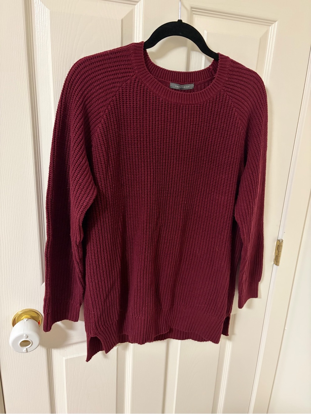 Suzy Shier Long Sleeve Waffle Crewneck Sweater - Burgundy
